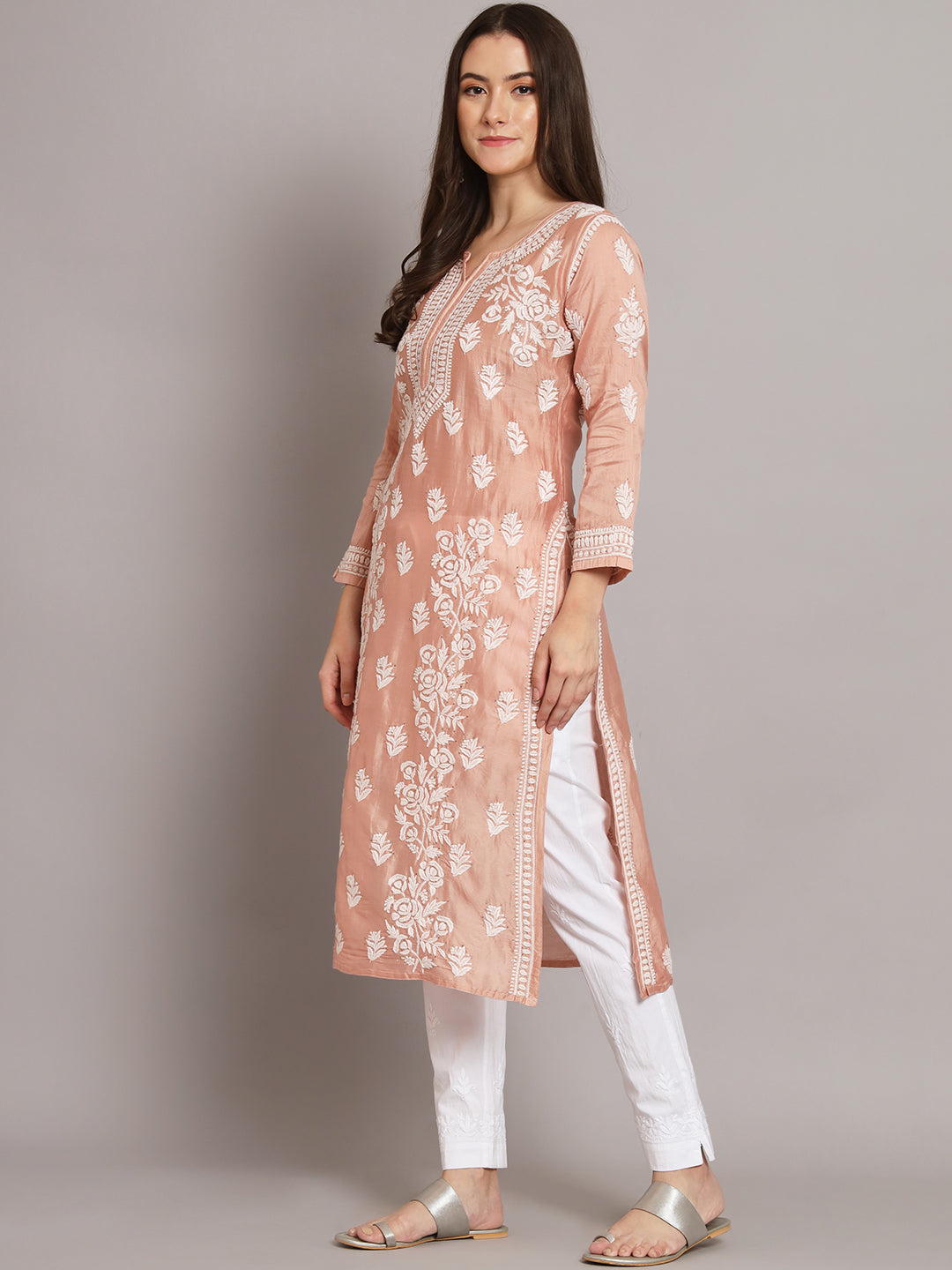 Women Floral Embroidered Chikankari Chanderi kurta-AL3670 Peach