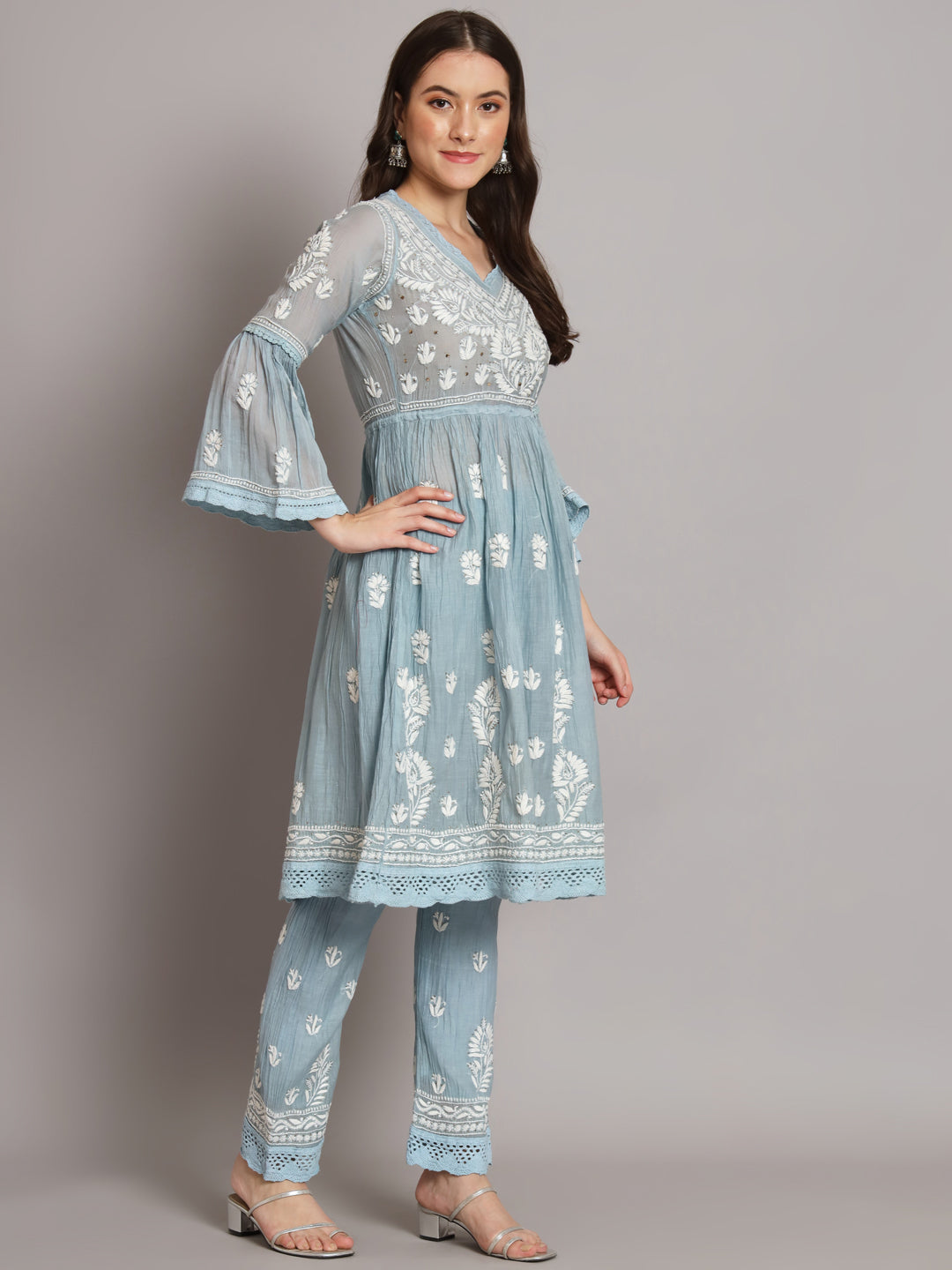 Hand Embroidered Chikankari Chanderi Cotton Frock Style Kurta Pant-AL3661KS Grey