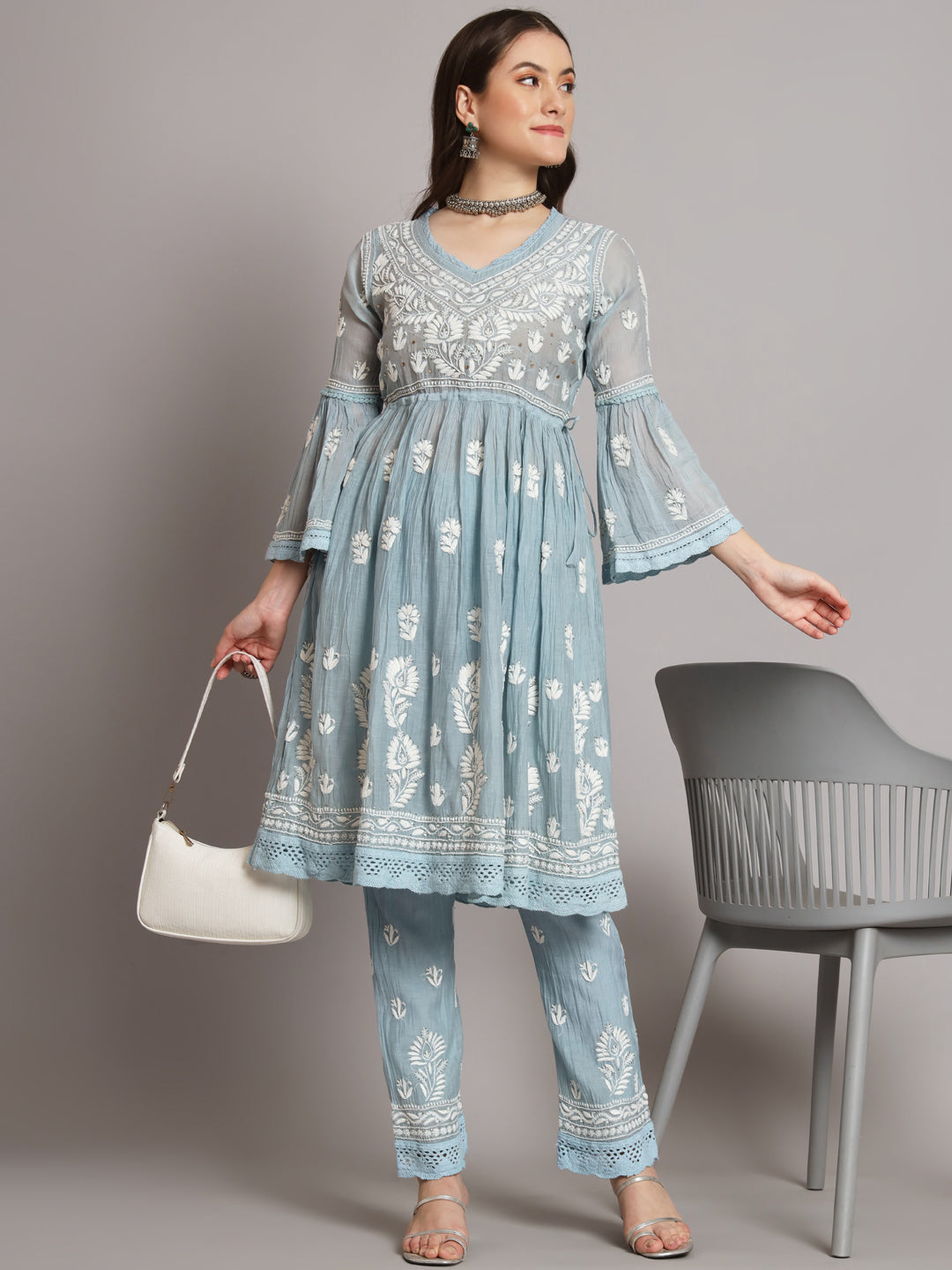 Hand Embroidered Chikankari Chanderi Cotton Frock Style Kurta Pant-AL3661KS Grey
