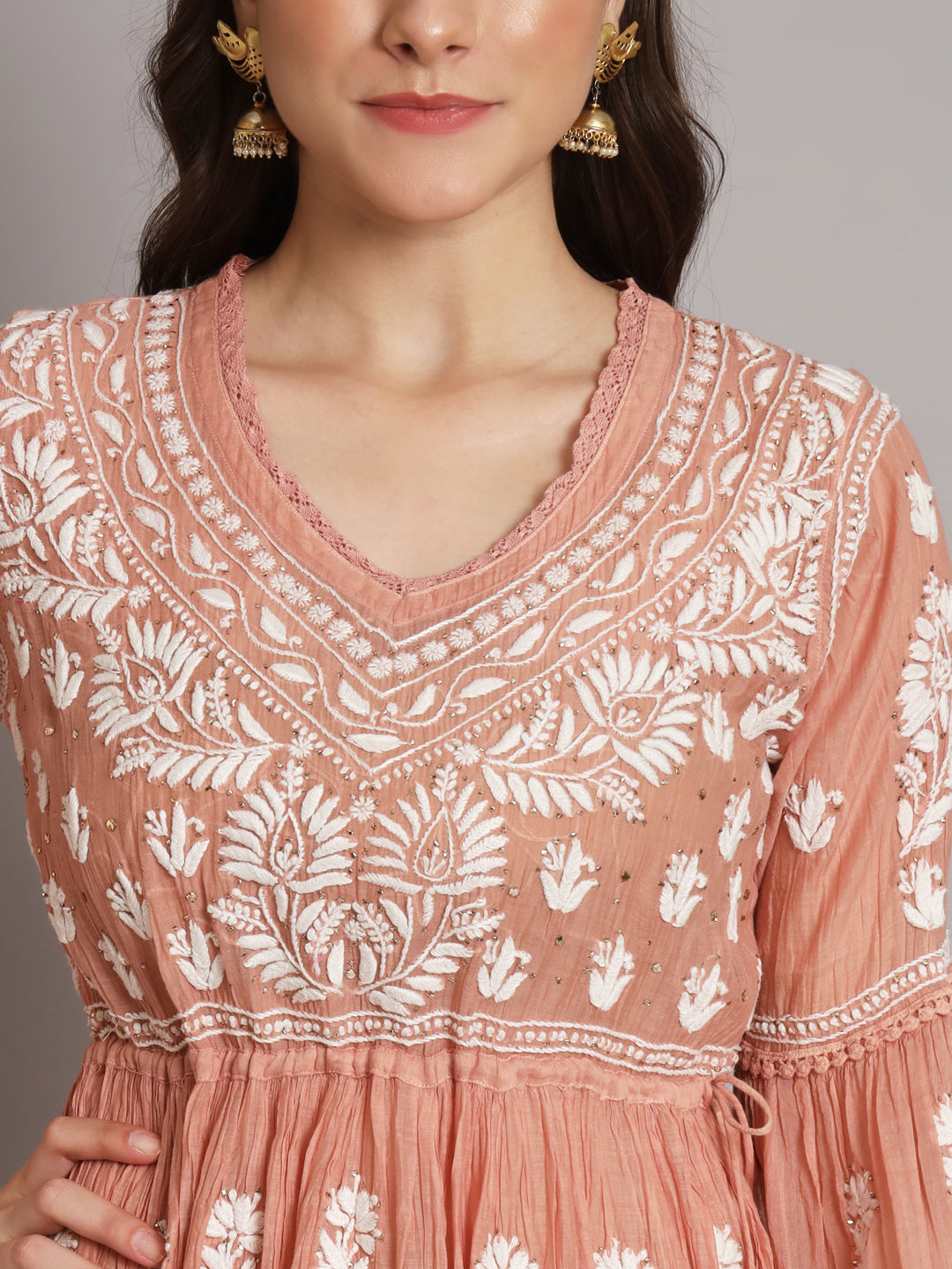 Hand Embroidered Chikankari Chanderi Cotton Frock Style Kurta Pant-AL3661KS Beige
