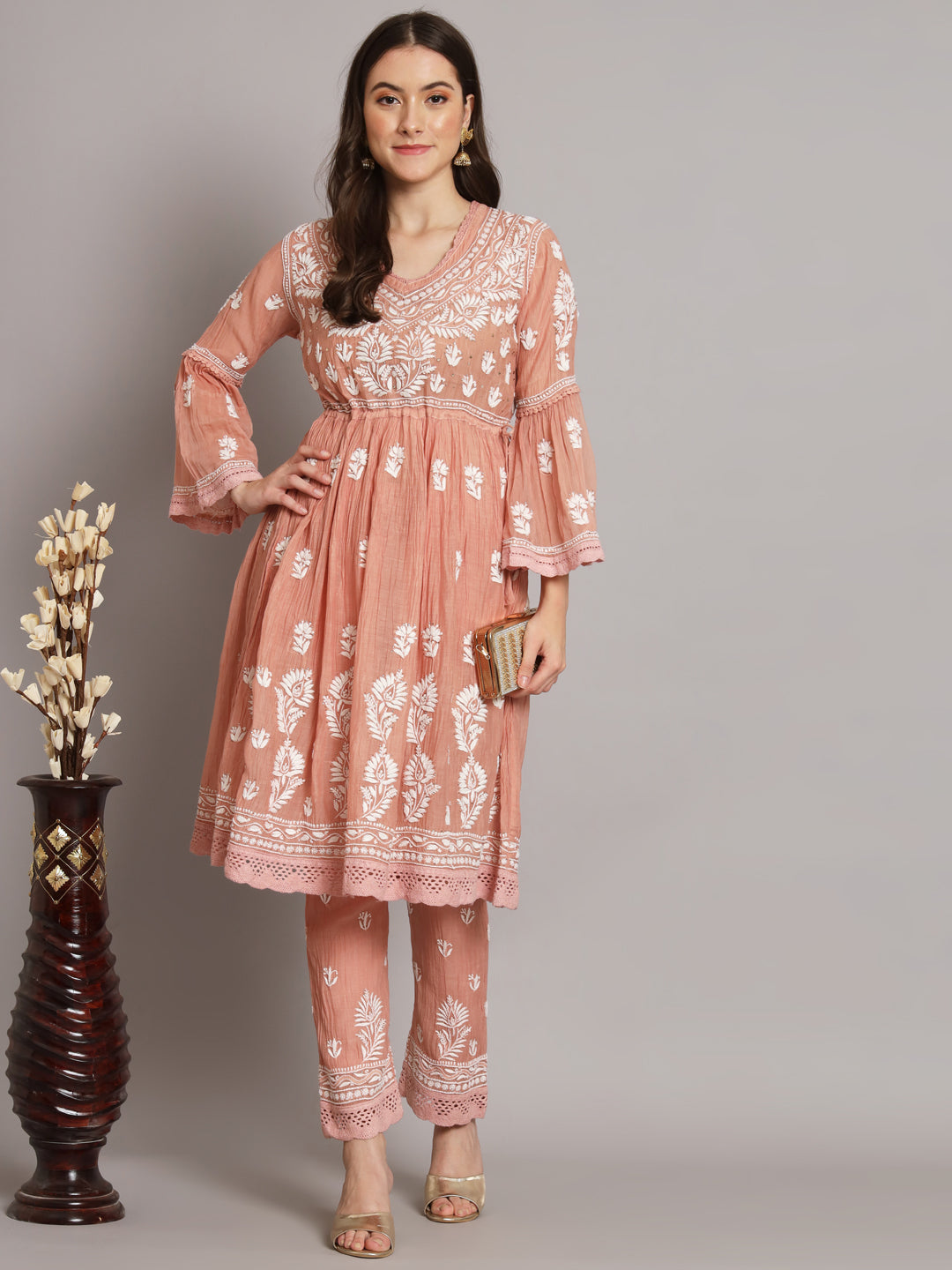 Hand Embroidered Chikankari Chanderi Cotton Frock Style Kurta Pant-AL3661KS Beige