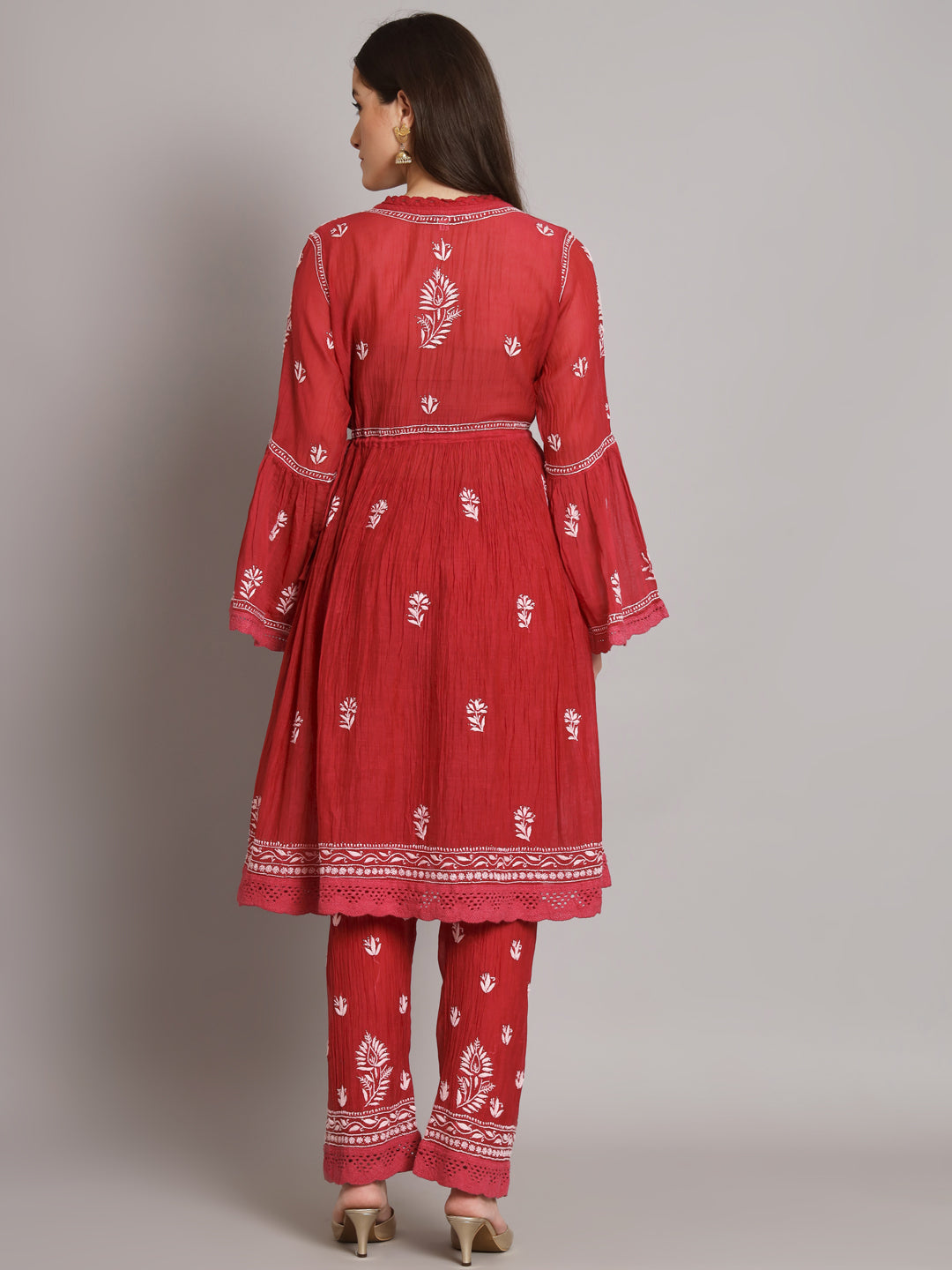 Hand Embroidered Chikankari Chanderi Cotton Frock Style Kurta Pant-AL3661KS Maroon