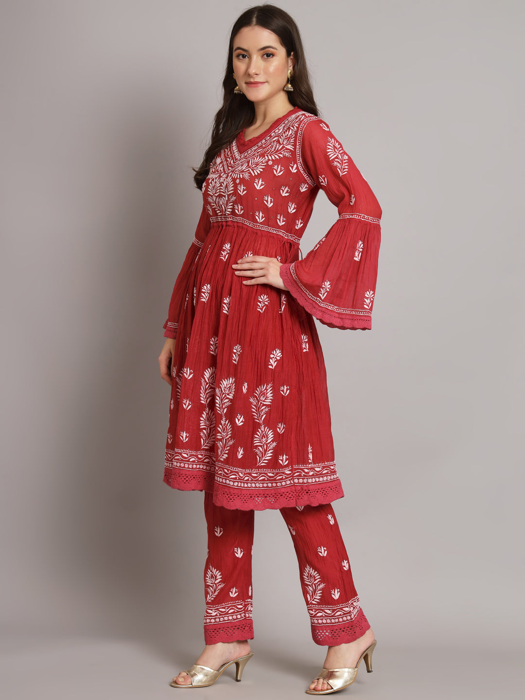 Hand Embroidered Chikankari Chanderi Cotton Frock Style Kurta Pant-AL3661KS Maroon