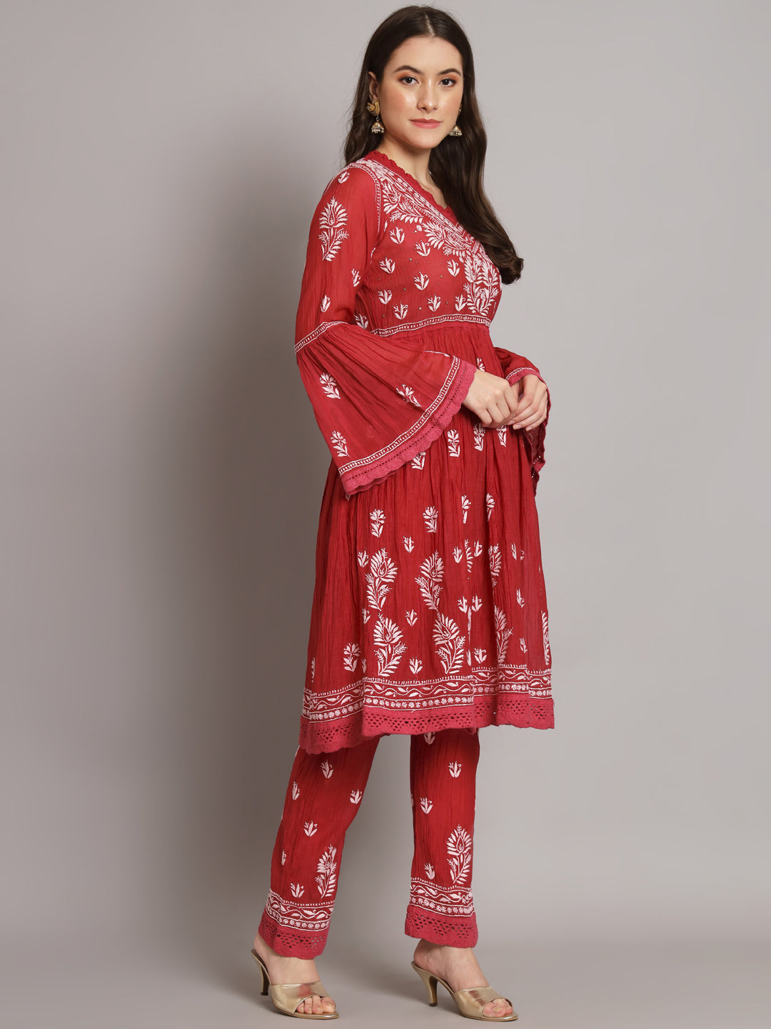 Hand Embroidered Chikankari Chanderi Cotton Frock Style Kurta Pant-AL3661KS Maroon