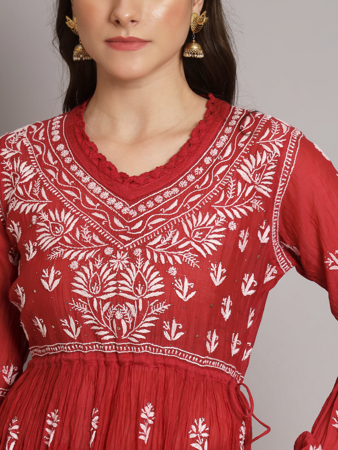 Hand Embroidered Chikankari Chanderi Cotton Frock Style Kurta Pant-AL3661KS Maroon