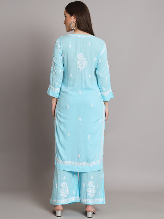 Hand Embroidered Chikan Modal Straight Kurta Palazzos AL3668KS Turquoise