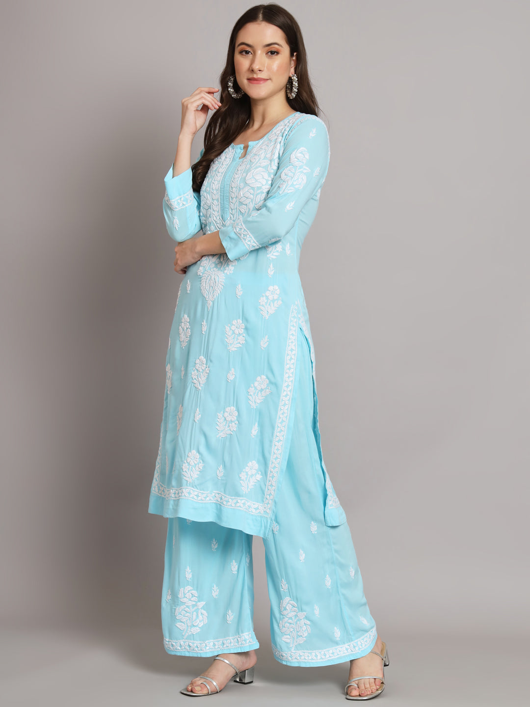 Hand Embroidered Chikan Modal Straight Kurta Palazzos AL3668KS Turquoise
