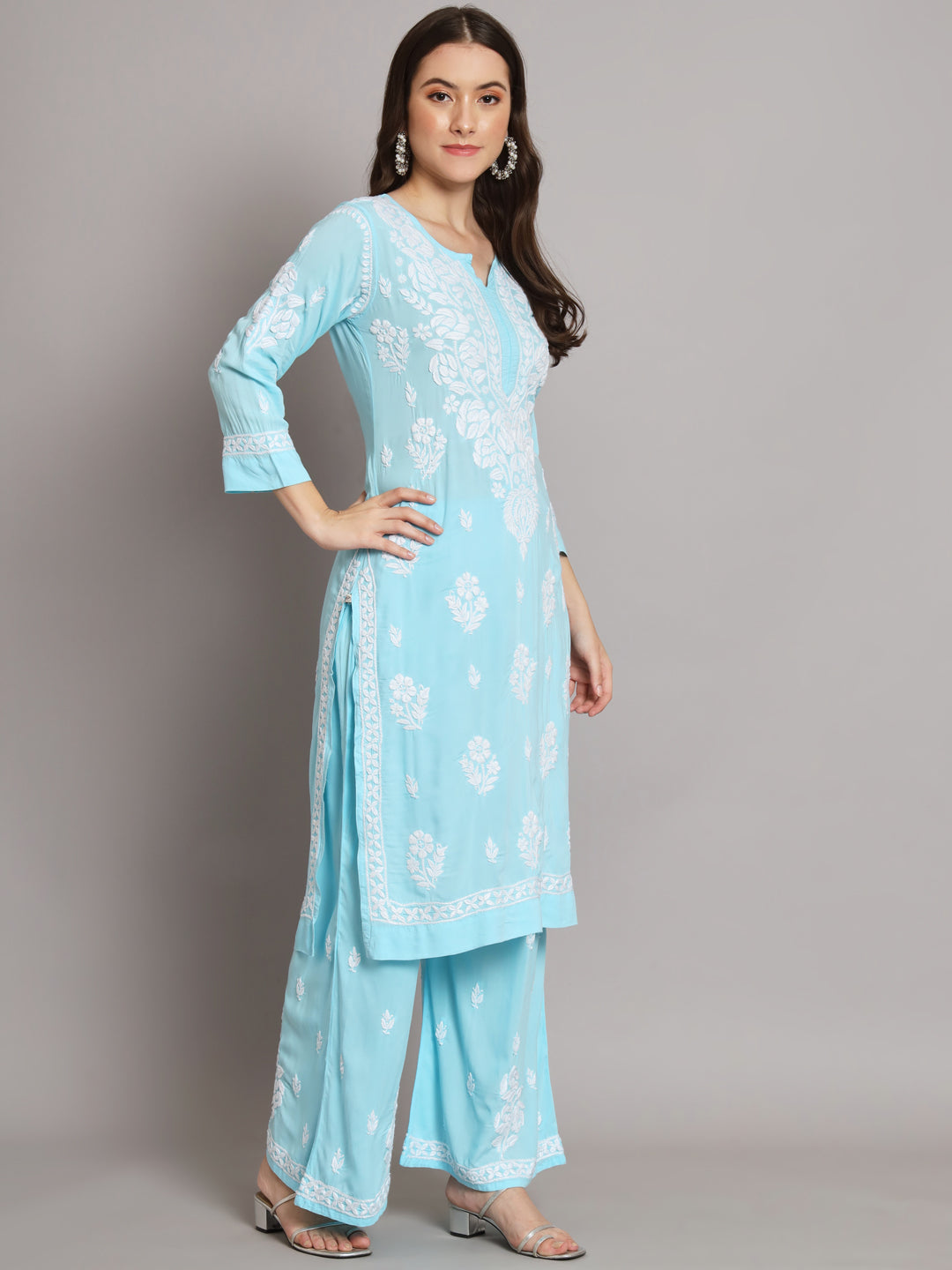 Hand Embroidered Chikan Modal Straight Kurta Palazzos AL3668KS Turquoise