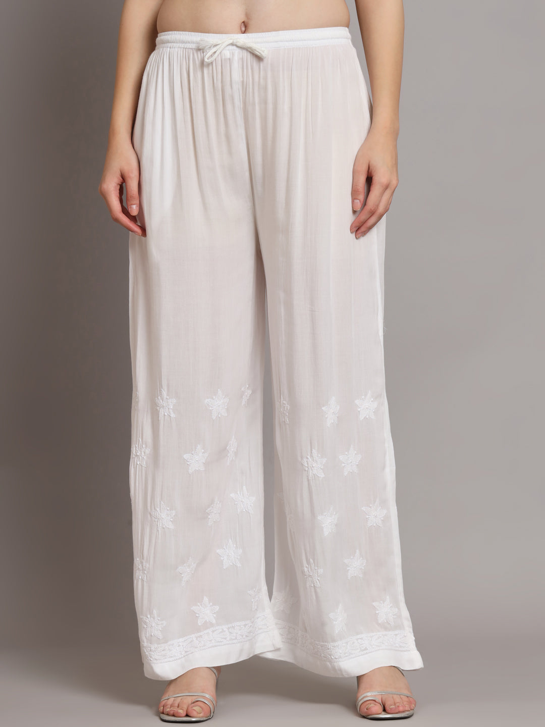 Hand Embroidered Chikankari Modal Kurta with Palazzo- AL3662KS White