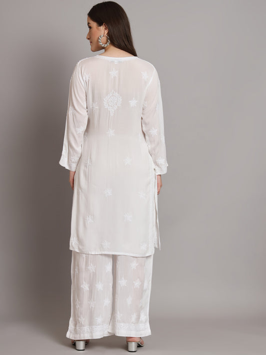 Hand Embroidered Chikankari Modal Kurta with Palazzo- AL3662KS White