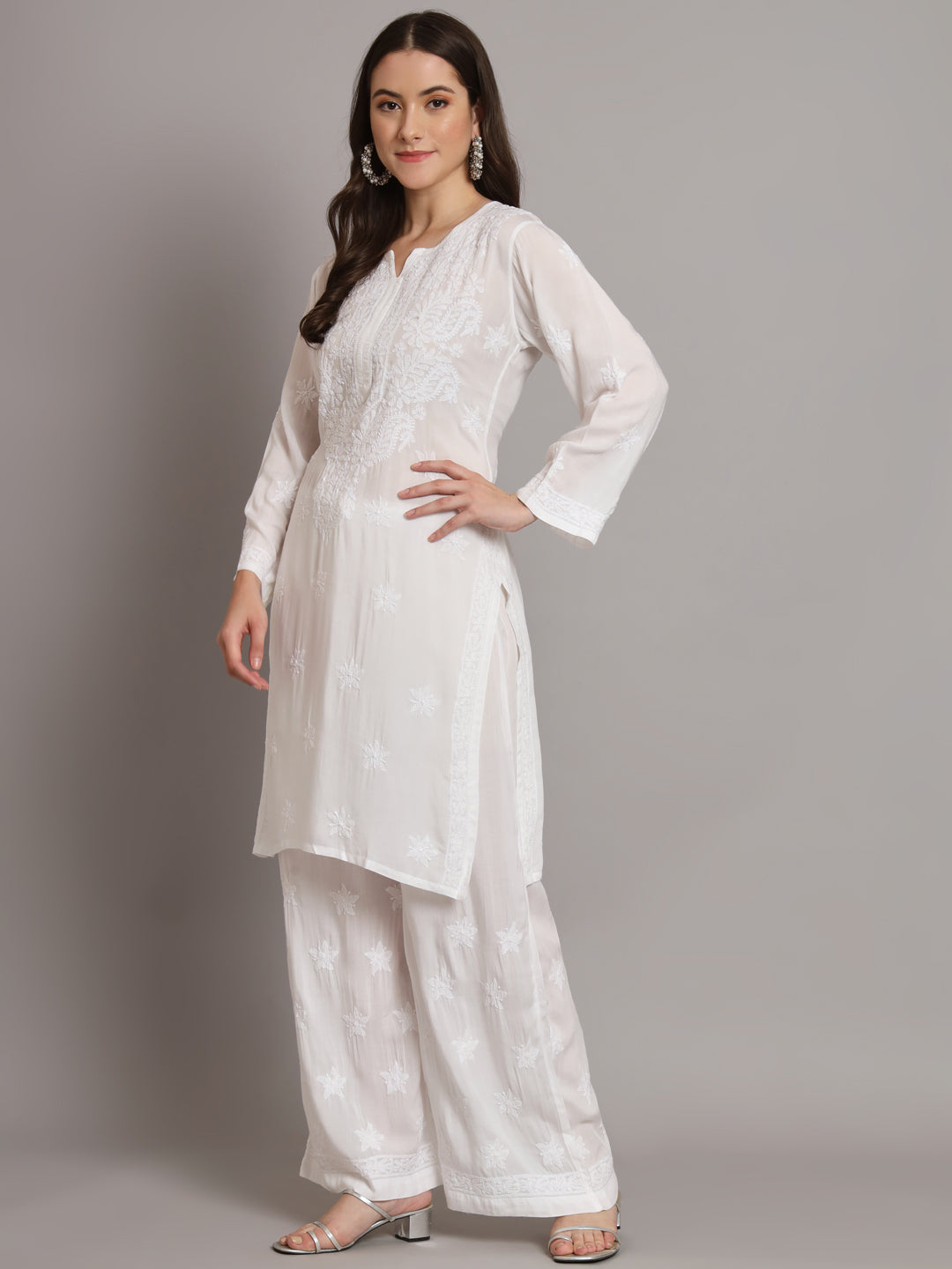 Hand Embroidered Chikankari Modal Kurta with Palazzo- AL3662KS White