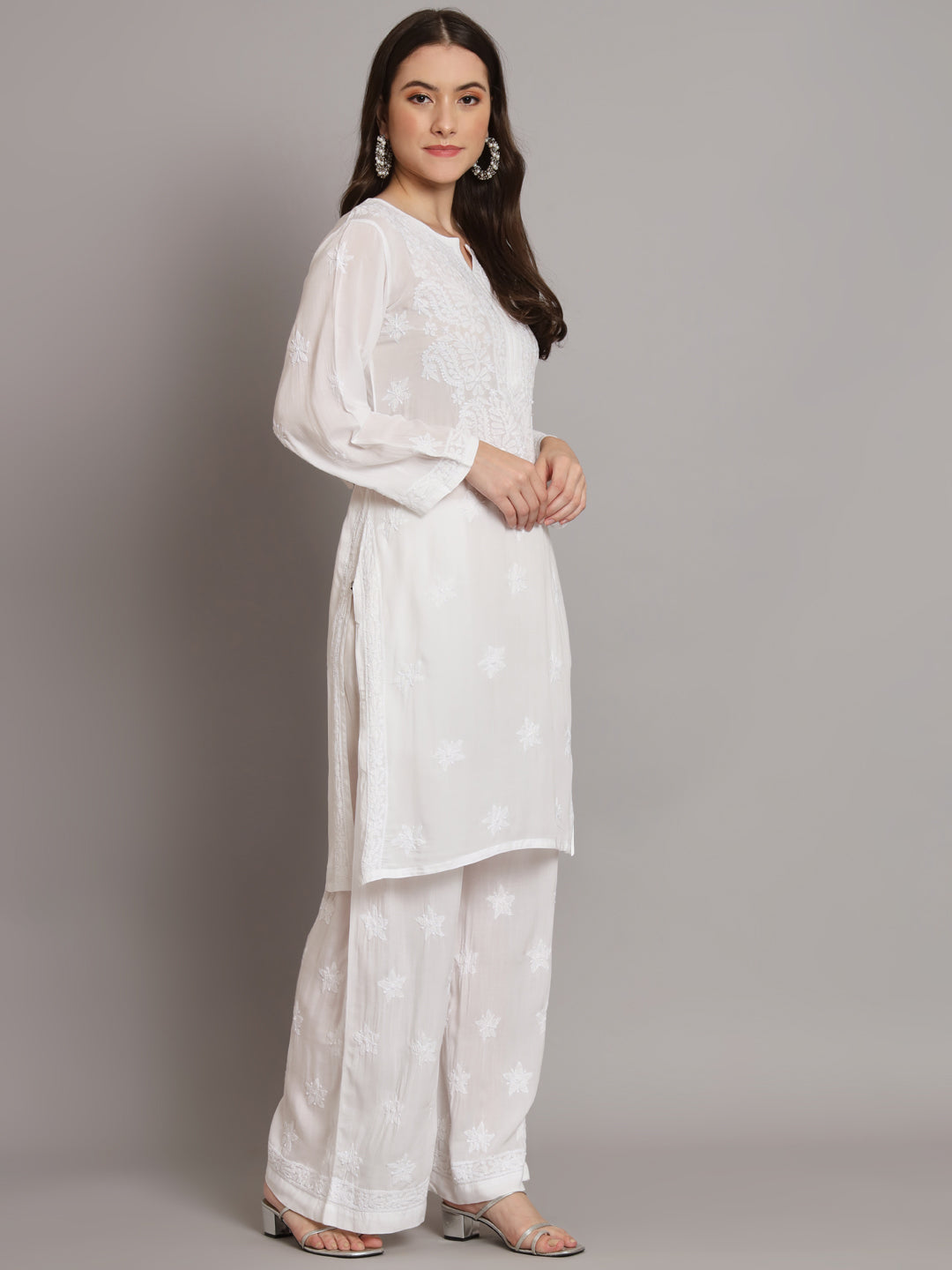 Hand Embroidered Chikankari Modal Kurta with Palazzo- AL3662KS White