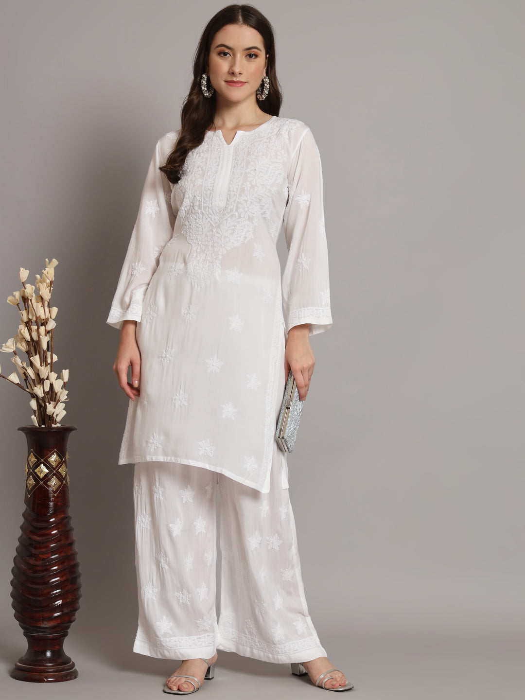 Hand Embroidered Chikankari Modal Kurta with Palazzo- AL3662KS White