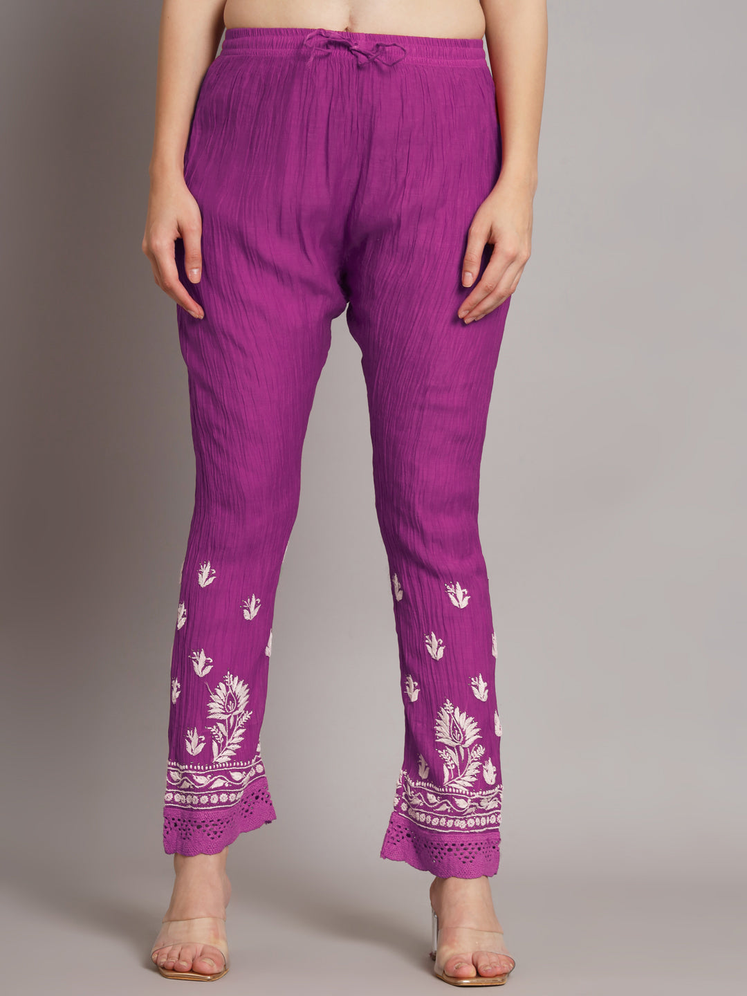Hand Embroidered Chikankari Chanderi Cotton Frock Style Kurta Pant-AL3661KS Magenta