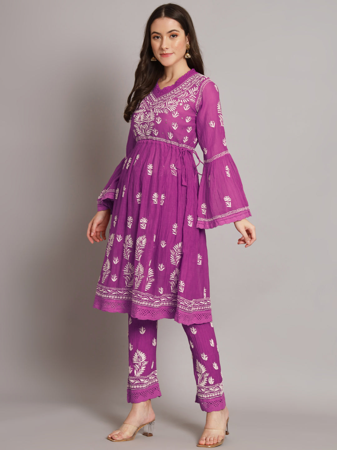 Hand Embroidered Chikankari Chanderi Cotton Frock Style Kurta Pant-AL3661KS Magenta