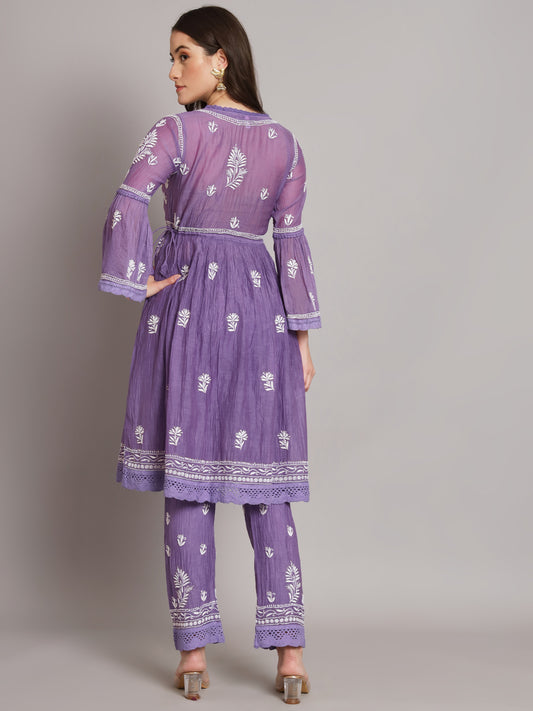Hand Embroidered Chikankari Chanderi Cotton Frock Style Kurta Pant-AL3661KS Mauve