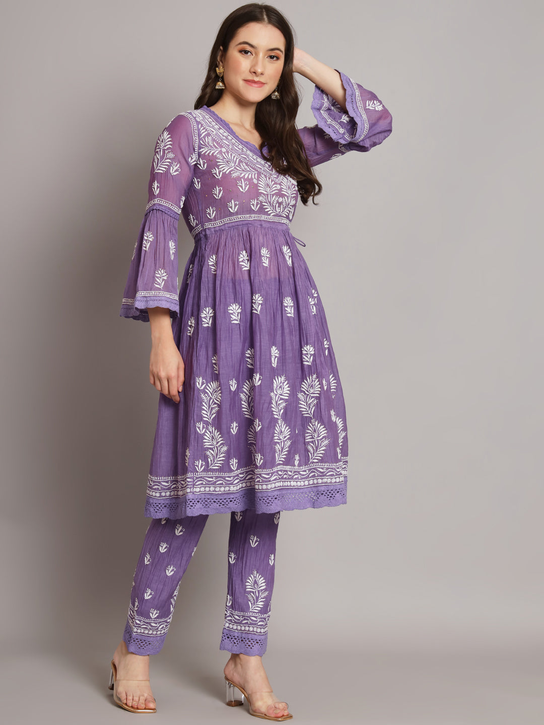 Hand Embroidered Chikankari Chanderi Cotton Frock Style Kurta Pant-AL3661KS Mauve