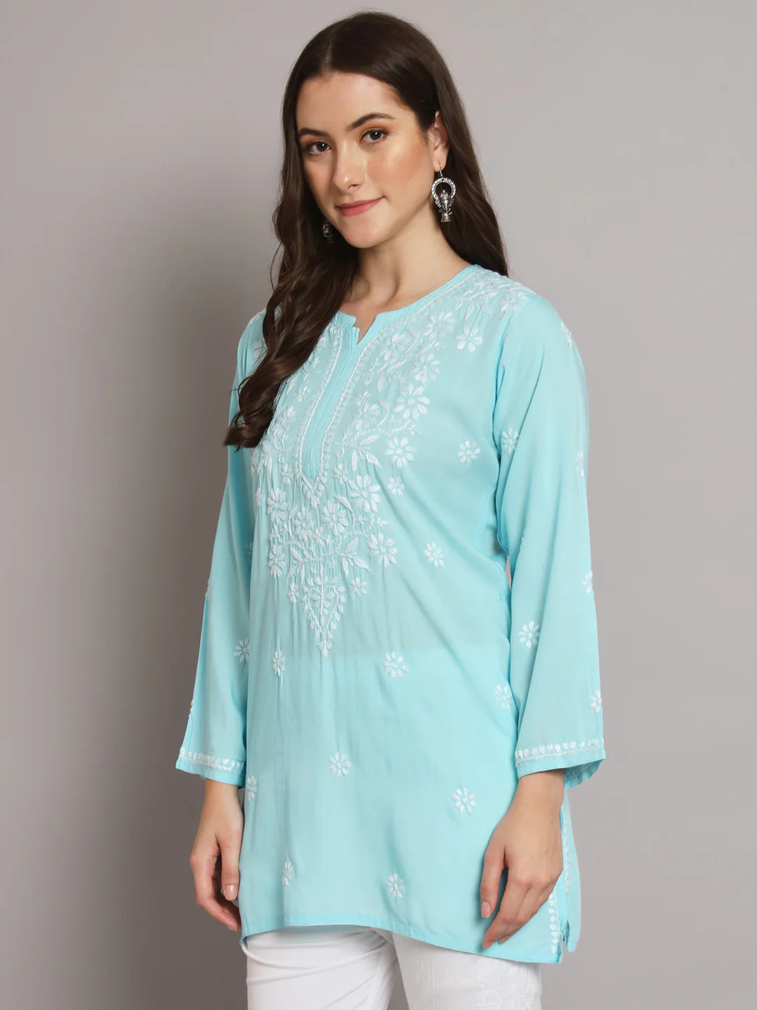 Women Hand Embroidered Chikankari Modal Kurti-AL3611 Sky Blue