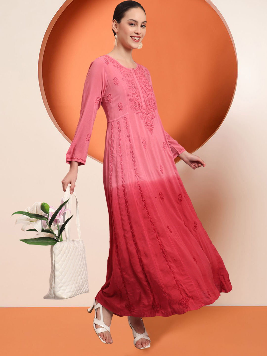 Hand Embroidered Chikankari Modal Ombre Jalabiya-AL4018 Coral