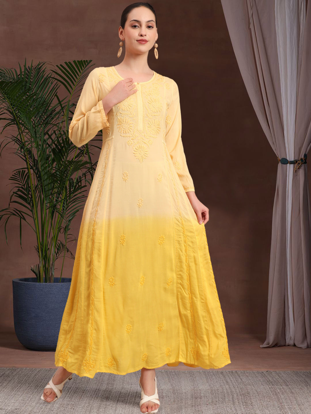 Hand Embroidered Chikankari Modal Ombre Jalabiya-AL4018 Yellow