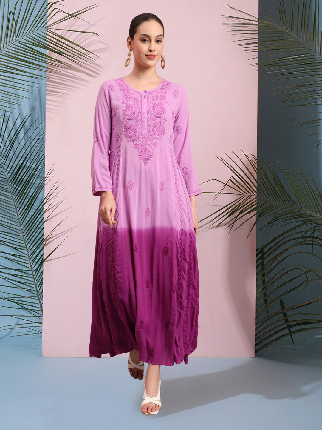 Hand Embroidered Chikankari Modal Ombre Jalabiya-AL4018 Purple