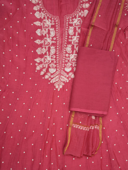 Women Hand Embroidered Premium Chikankari Mul Chanderi Unstitched Kurta Dupatta Bottom Set-ALSCA85201FS Magenta