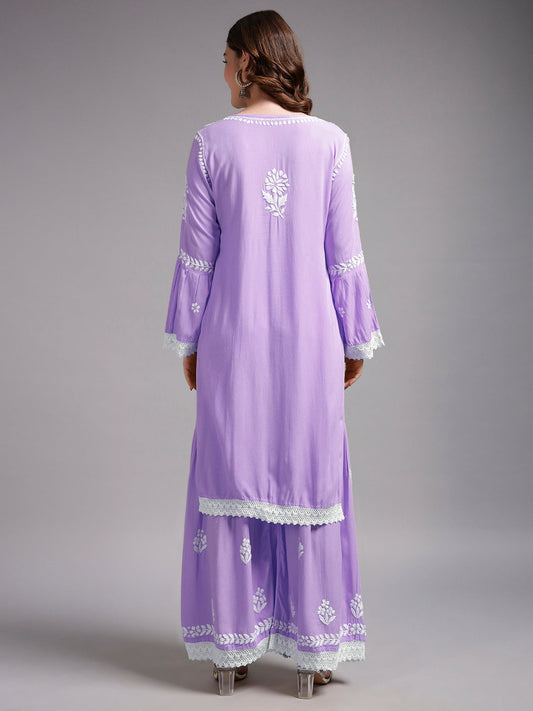 Women Hand Embroidered Lucknowi Chikankari Rayon Kurta Set-AL4077KS Lavender