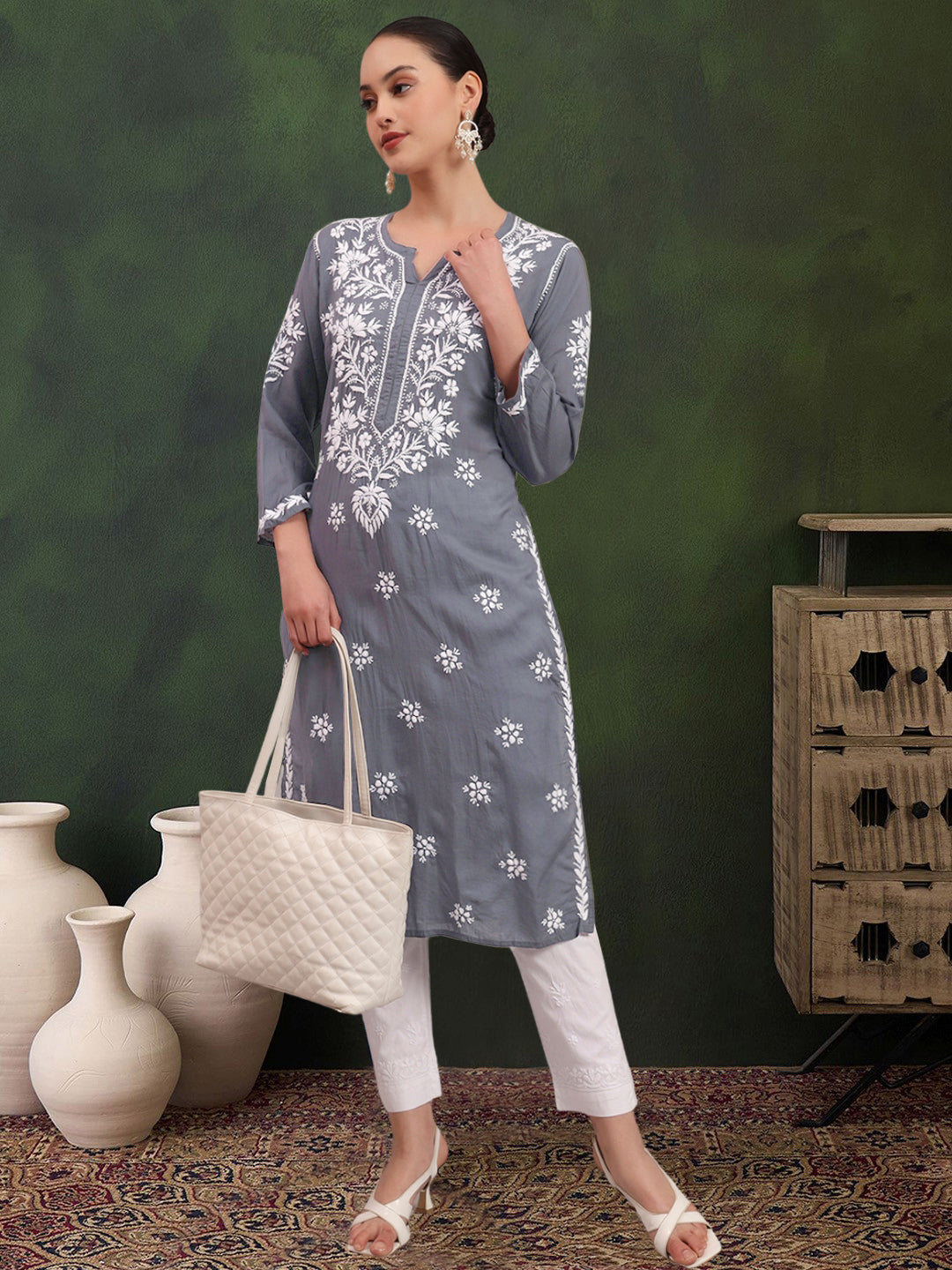 Women Hand Embroidered Modal Chikankari Kurta-AL4059 Grey