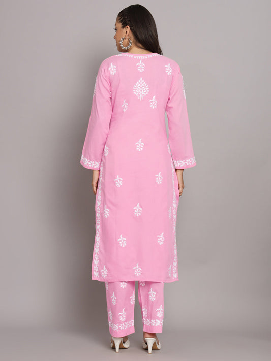 Women Hand Embroidered Chikankari Cotton Kurta Set-AL3674KS Pink