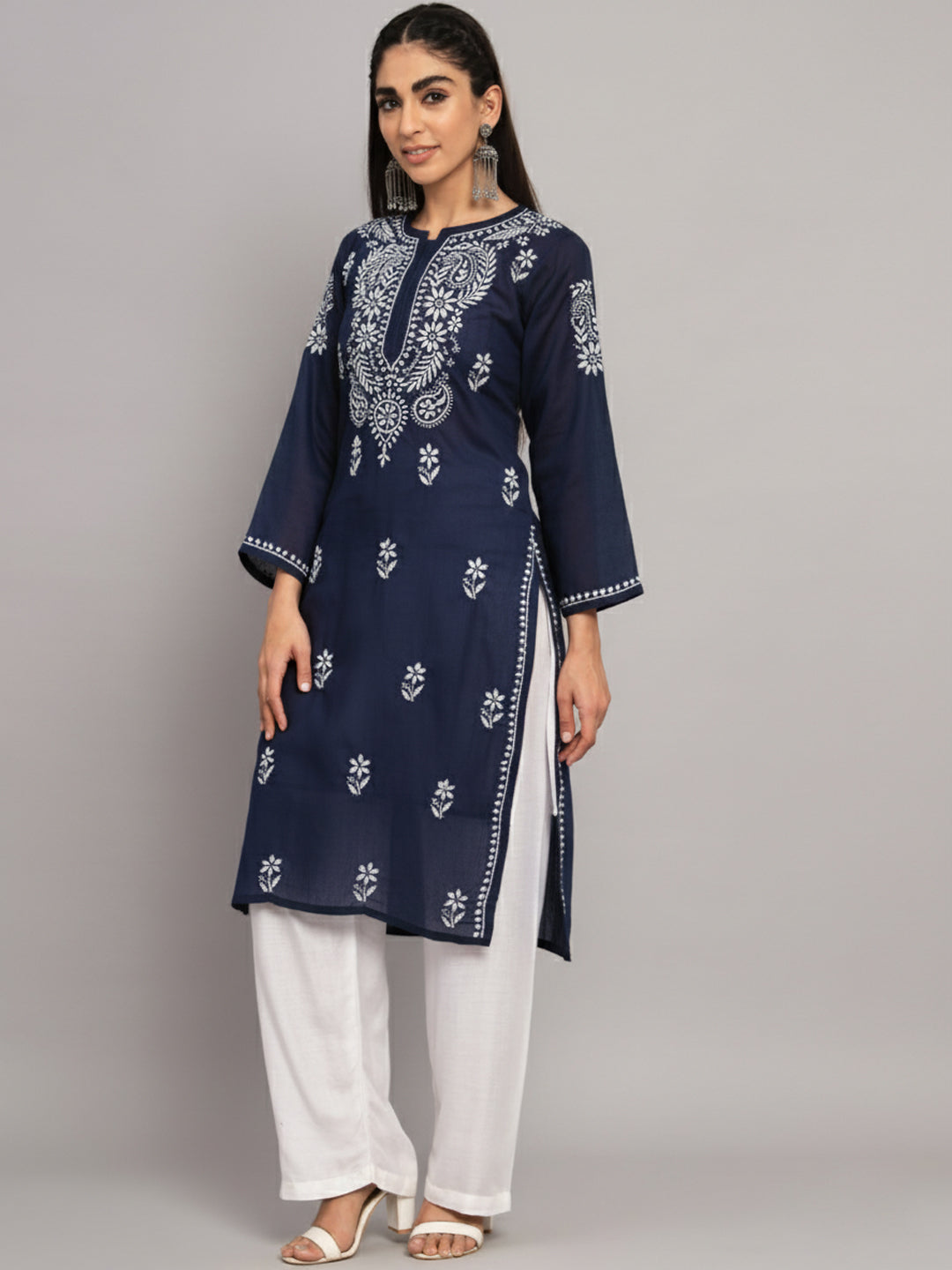 Hand Embroidered Chikankari Cotton Straight Kurta-AL3561 Navy
