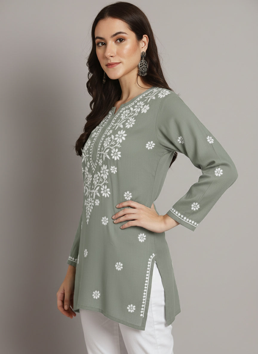 Women Hand Embroidered Modal Chikankari Kurti-AL3611 Smoke Grey