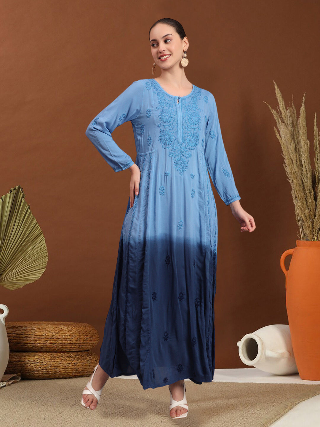 Hand Embroidered Chikankari Modal Ombre Jalabiya-AL4018 Blue