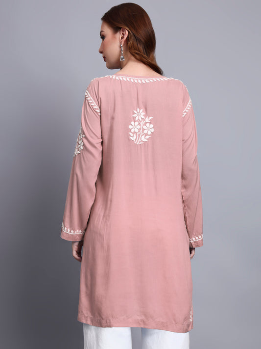 Women Hand Embroidered Chikankari Modal Kurti -AL3702 Rust