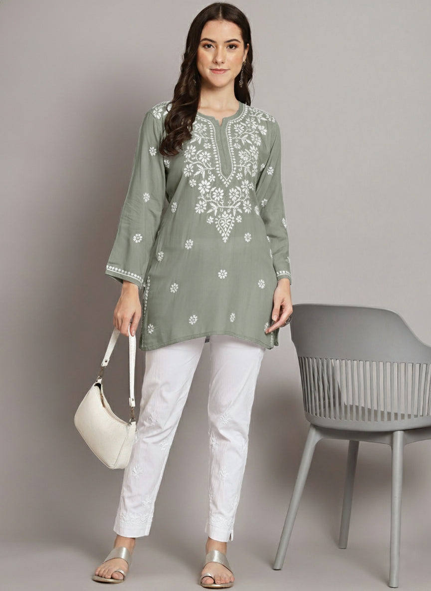 Women Hand Embroidered Modal Chikankari Kurti-AL3611 Smoke Grey