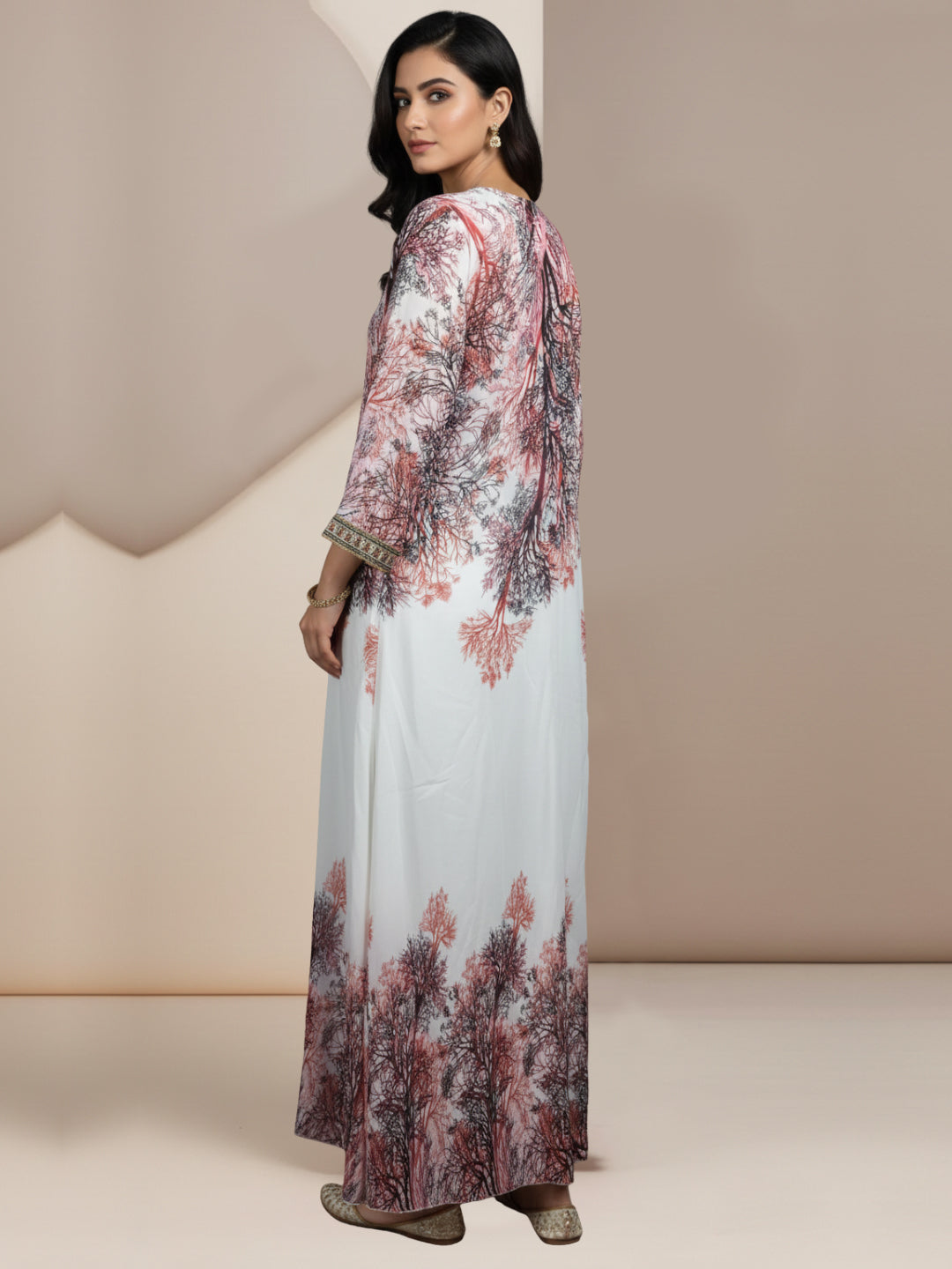 Women Floral Embroidered Chiffon Jalabiya-AL3830 Brown
