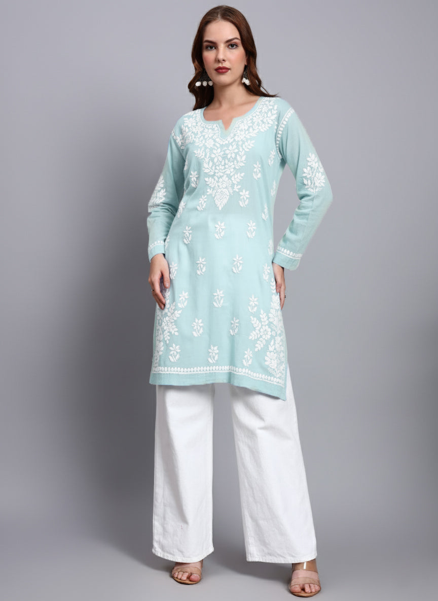 Women Hand Embroidered Chikankari Cotton Kurti -AL3685 Seagreen
