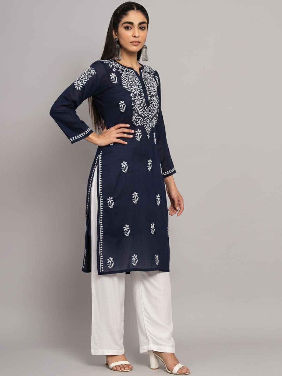 Hand Embroidered Chikankari Cotton Straight Kurta-AL3561 Navy
