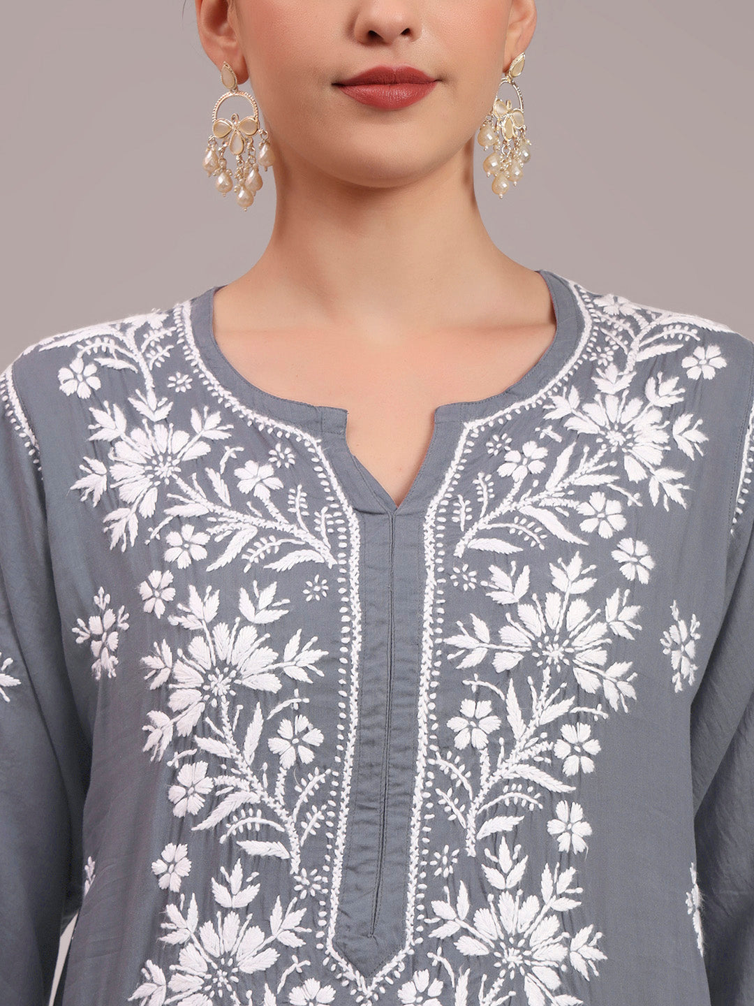 Women Hand Embroidered Modal Chikankari Kurta-AL4059 Grey