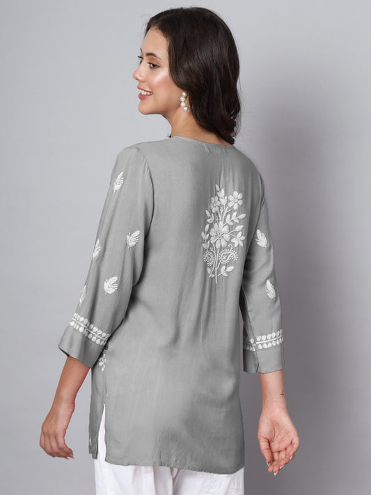 Women Hand Embroidered Chikankari Rayon Kurti with Pockets-AL3696 Grey