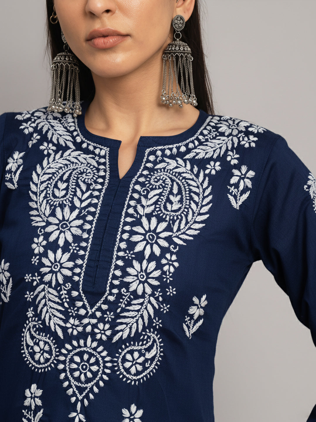 Hand Embroidered Chikankari Cotton Straight Kurta-AL3561 Navy
