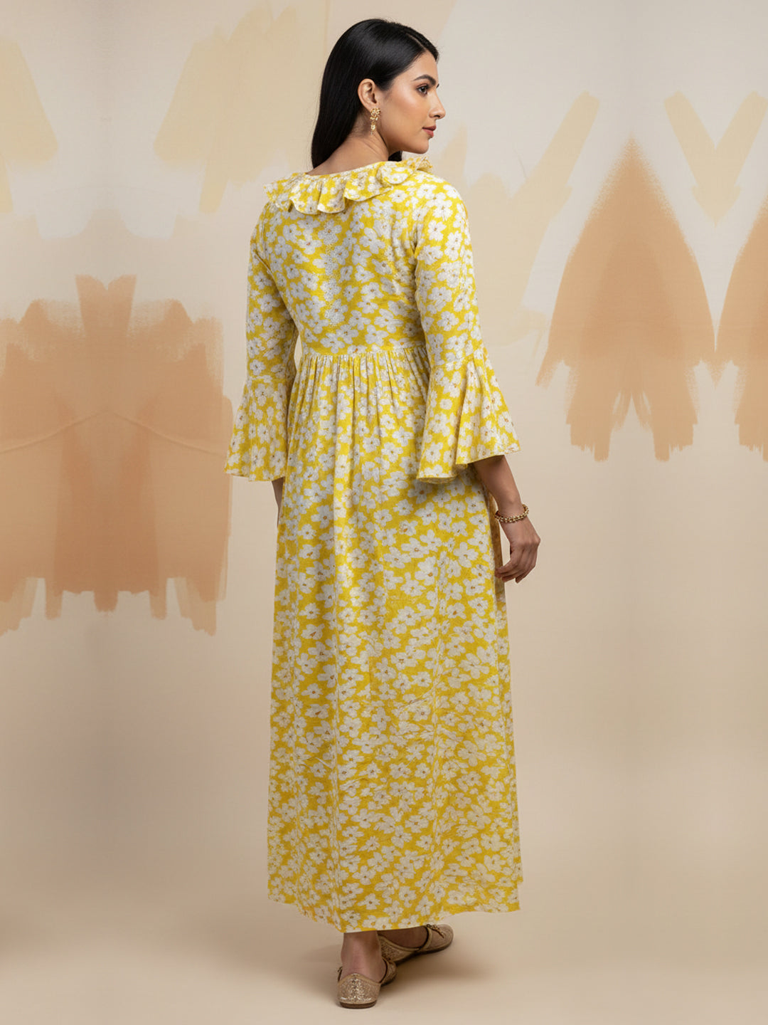 Women Printed Cotton Jalabiya-AL4008 Yellow