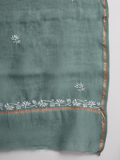 Hand embroidered Chikankari Chanderi Cotton Kurta Set and Dupatta with Mukaish AL3665KS