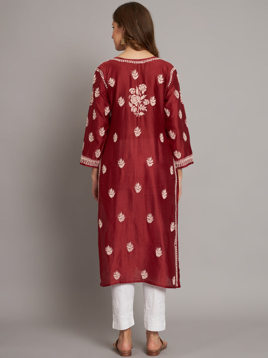 Women Floral Embroidered Chikankari Cotton kurta-AL3670 Rust