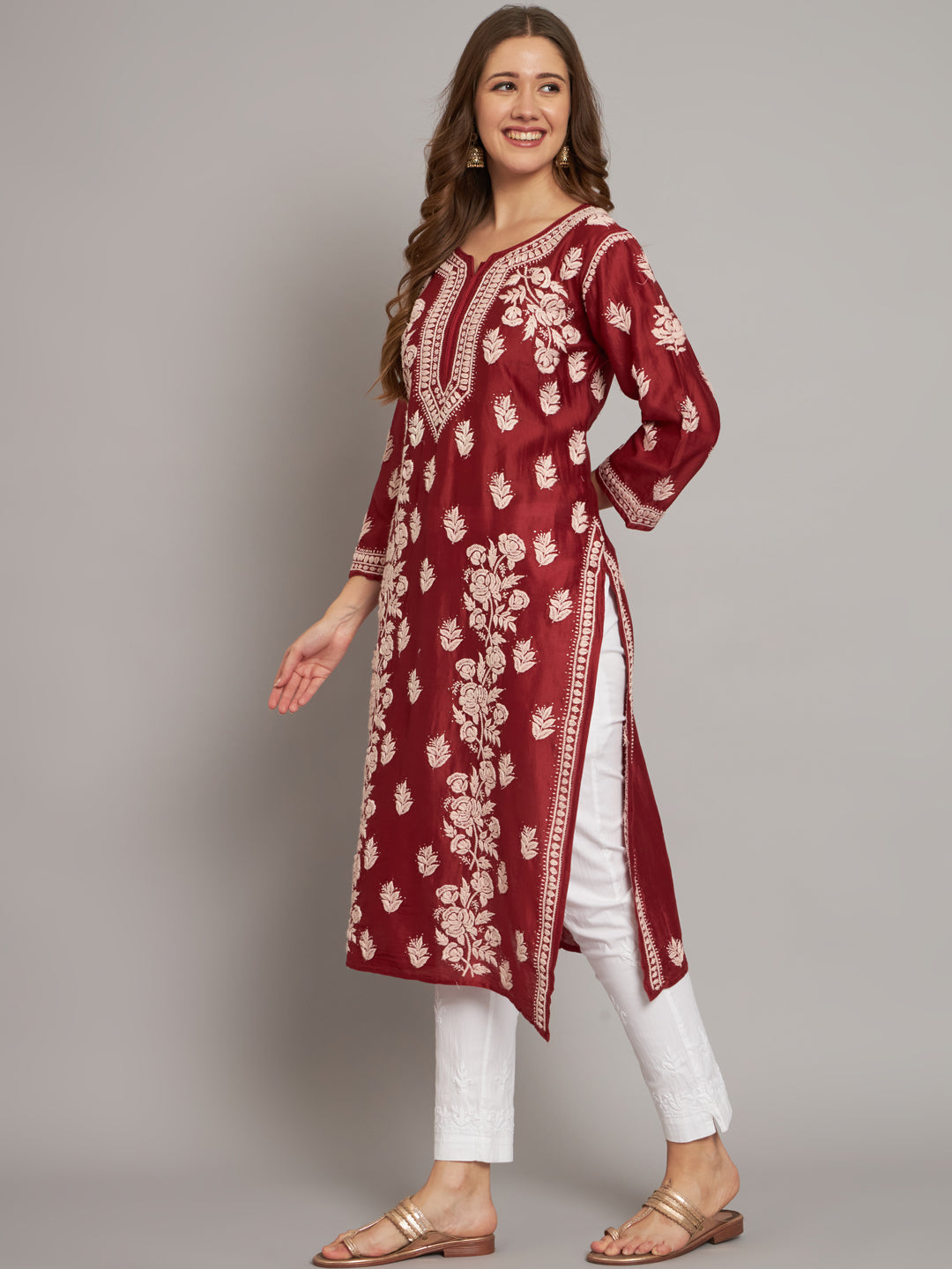 Women Floral Embroidered Chikankari Cotton kurta-AL3670 Rust