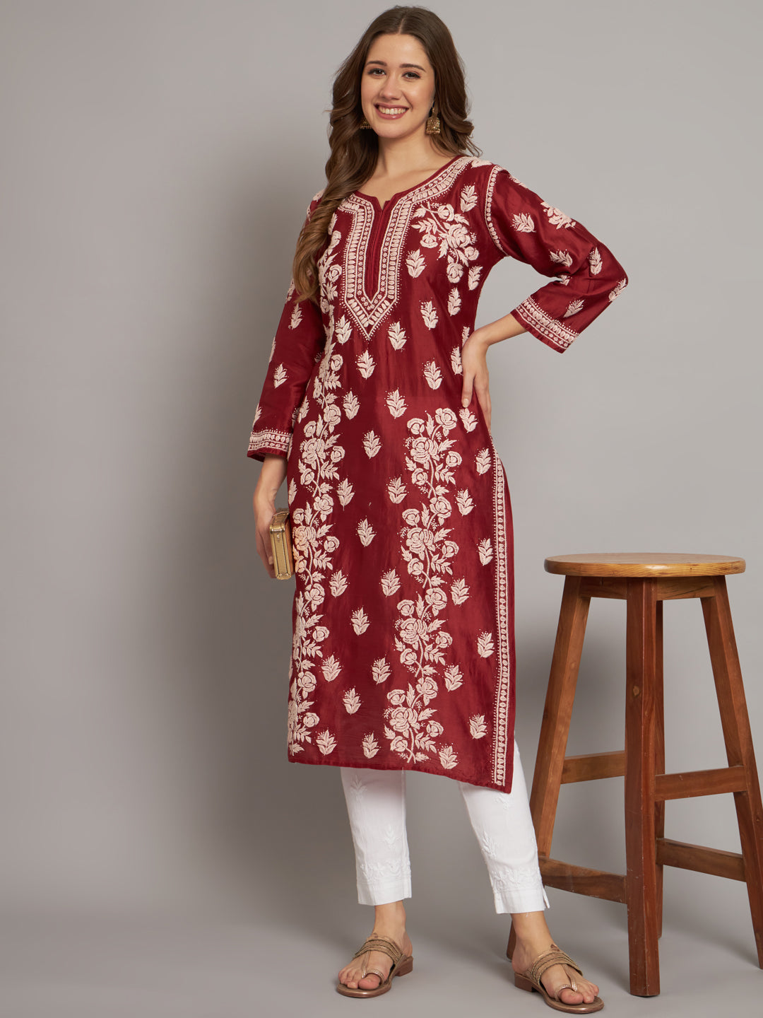 Women Floral Embroidered Chikankari Cotton kurta-AL3670 Rust