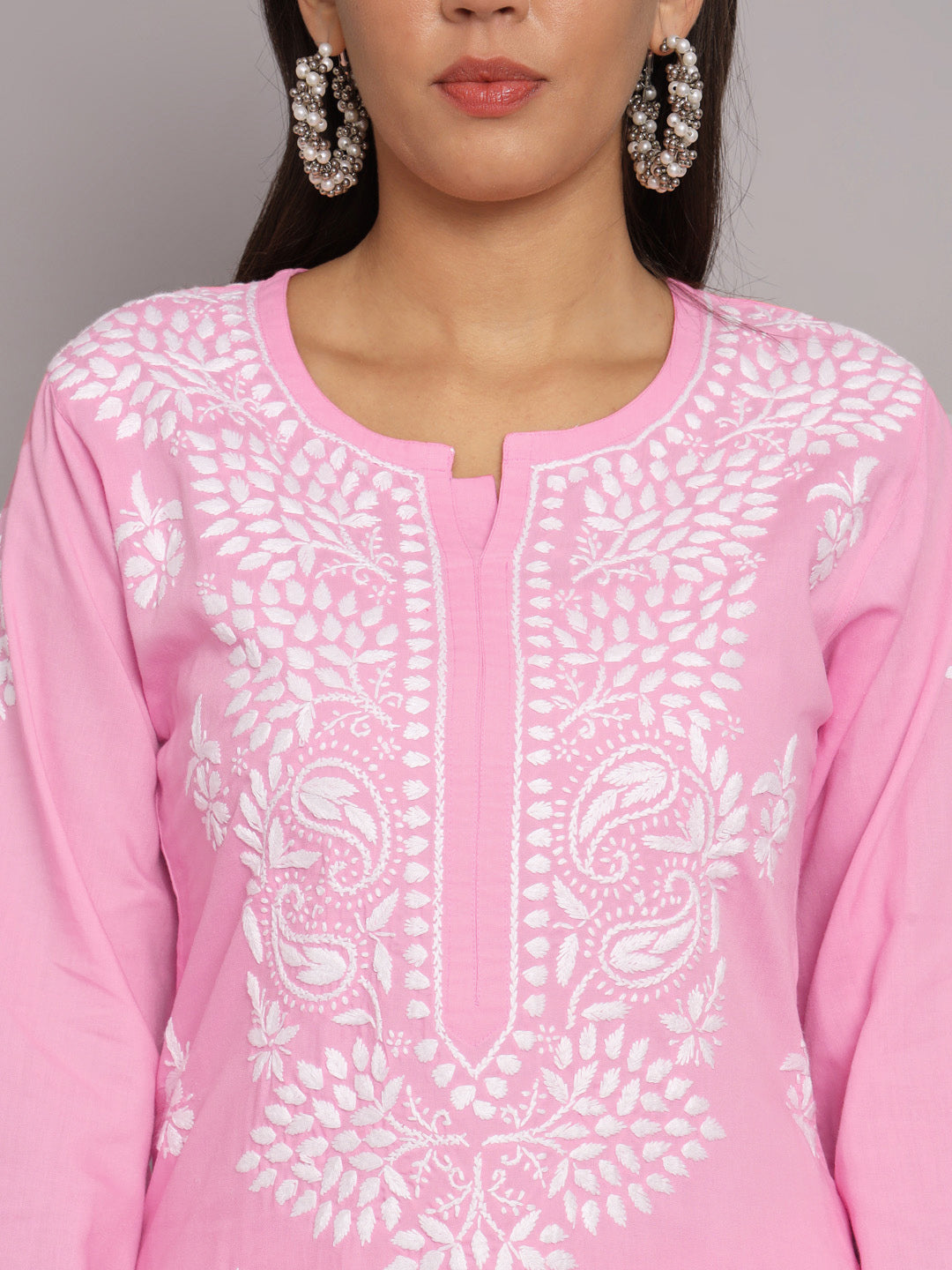 Women Hand Embroidered Chikankari Cotton Kurta Set-AL3674KS Pink
