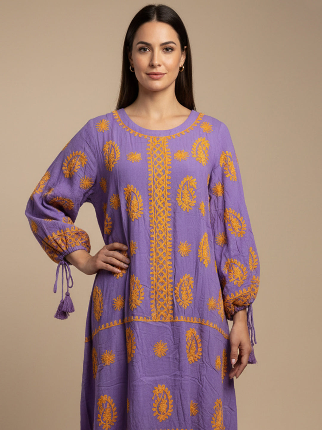 Hand Embroidered Chikankari Rayon Jalabiya-AL4048 Mauve
