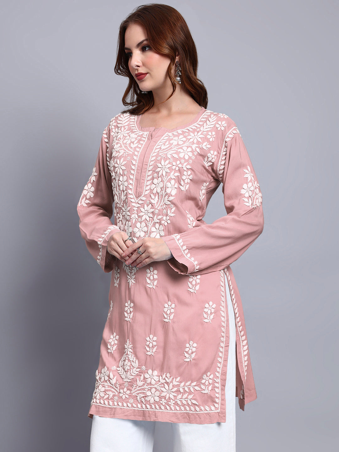 Women Hand Embroidered Chikankari Modal Kurti -AL3702 Rust