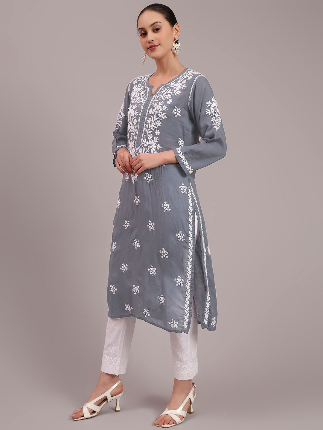 Women Hand Embroidered Modal Chikankari Kurta-AL4059 Grey
