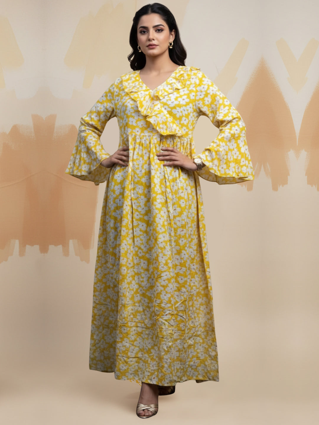 Women Printed Cotton Jalabiya-AL4008 Yellow